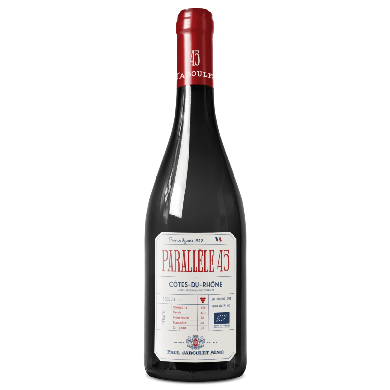 Photographie d'une bouteille de vin rouge cotes du rhone parallele 45 bio