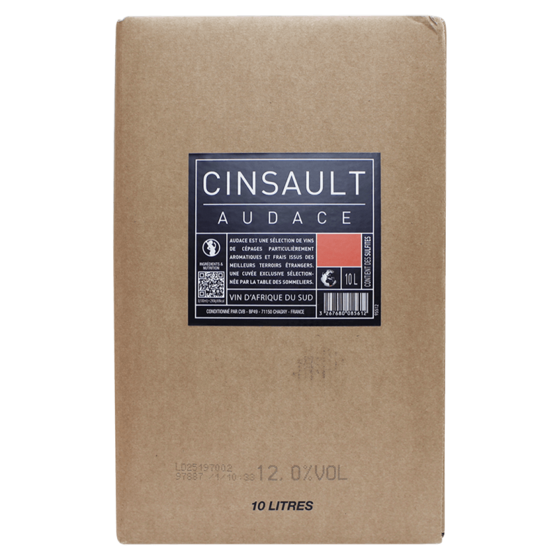 Photographie d'une bouteille de vin rosé cinsault audace rose bib 10 l