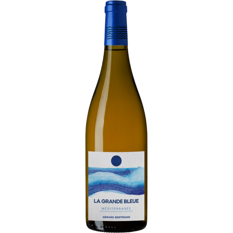 Photographie d'une bouteille de vin blanc la grande bleue mediterranee bio igp blanc 2025 75 cl