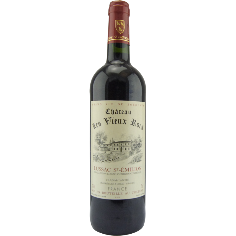 Photographie d'une bouteille de vin rouge Château les Vieux Rocs AOC Lussac Saint-Emilion Rouge 75 cl