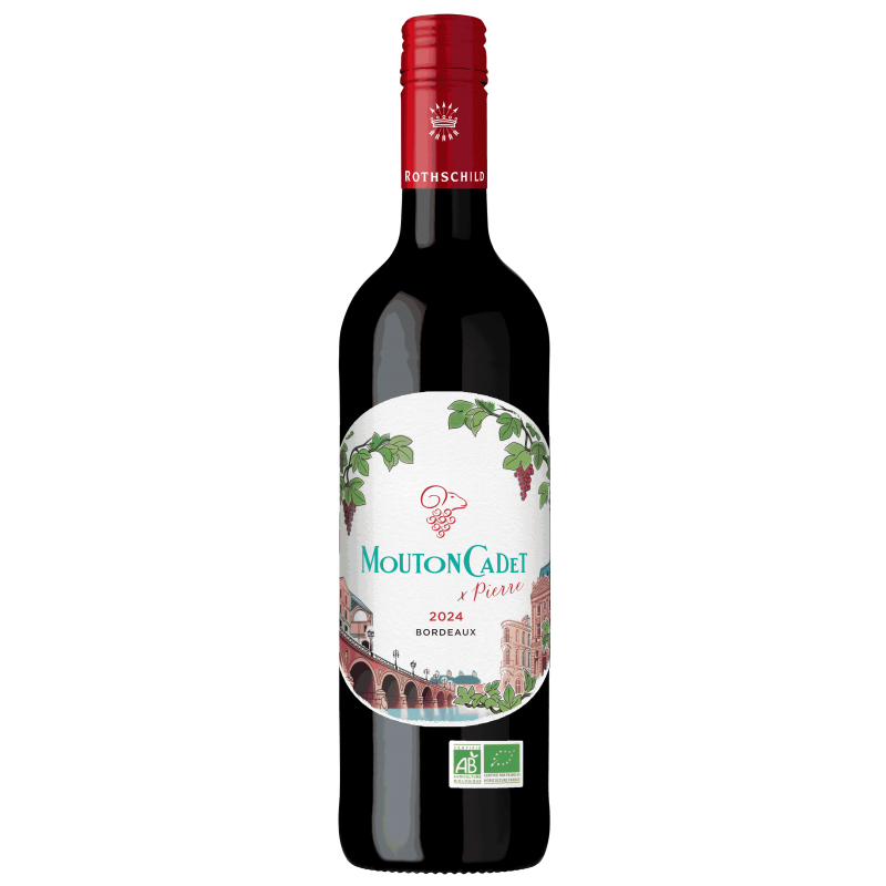 Photographie d'une bouteille de vin rouge Mouton Cadet Cuvée Pierre Bio Bordeaux AOC 2024 75 cl
