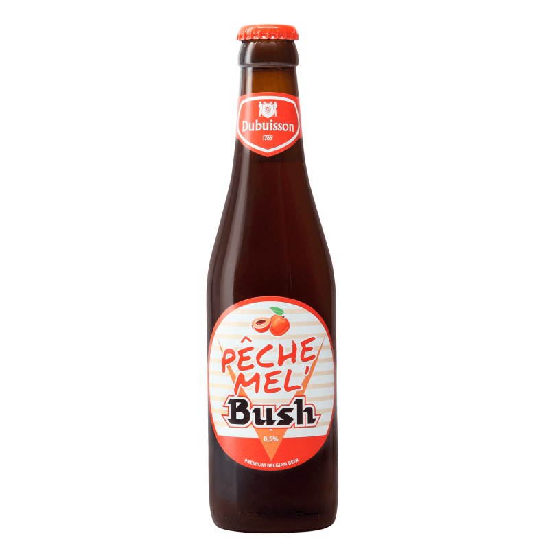 Photographie d'une bouteille de bière Pêche Mel Bush 33cl