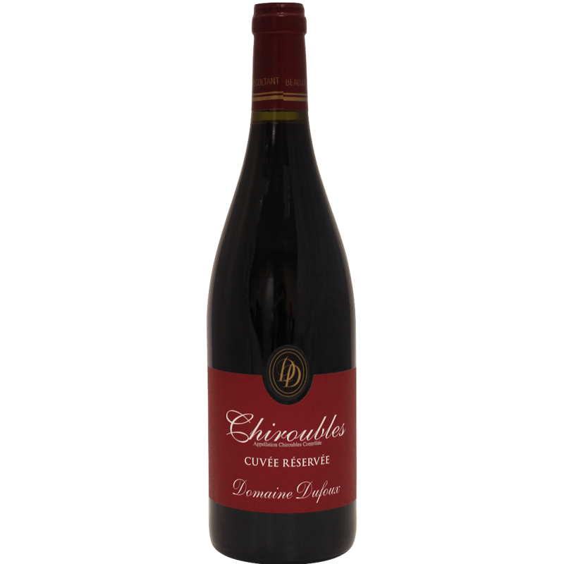 Photographie d'une bouteille de vin rouge chiroubles domaine dufoux cuvée réserve