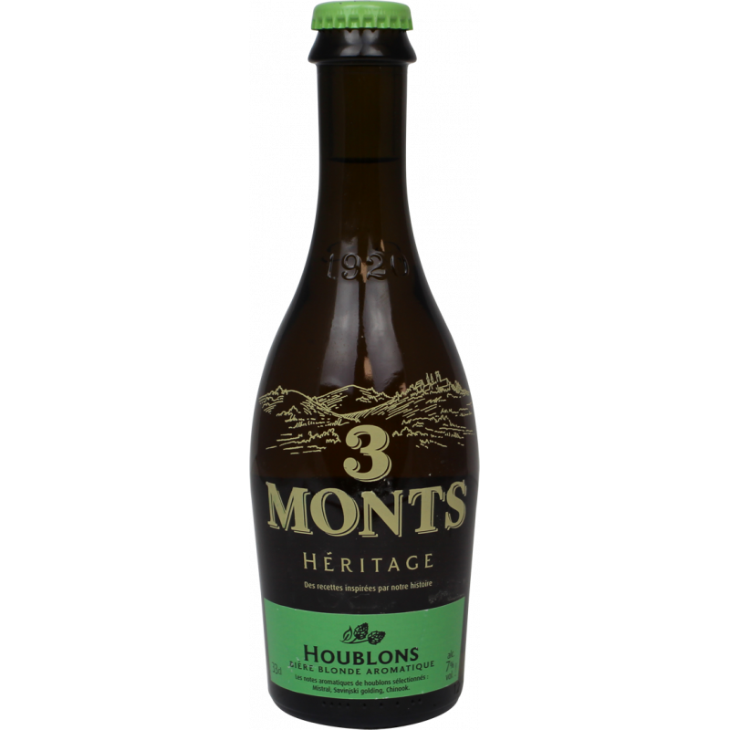 Photographie d'une bouteille de bière 3 Monts Heritage Houblons 33cl