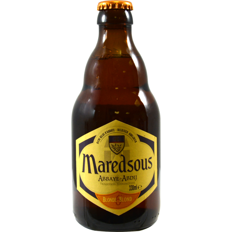 Photographie d'une bouteille de bière Maredsous Blonde 33cl