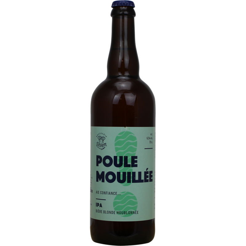 Photographie d'une bouteille de bière Poule Mouillée IPA 75cl