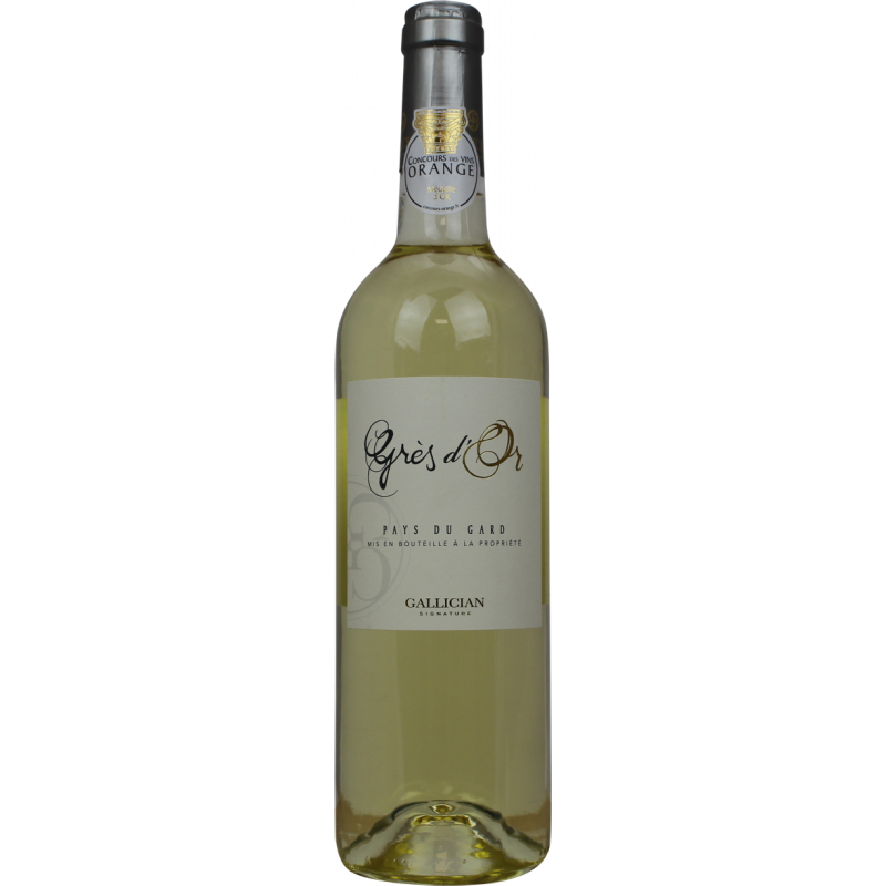 Photographie d'une bouteille de vin blanc Grès d'Or Gallician IGP Blanc 75 cl