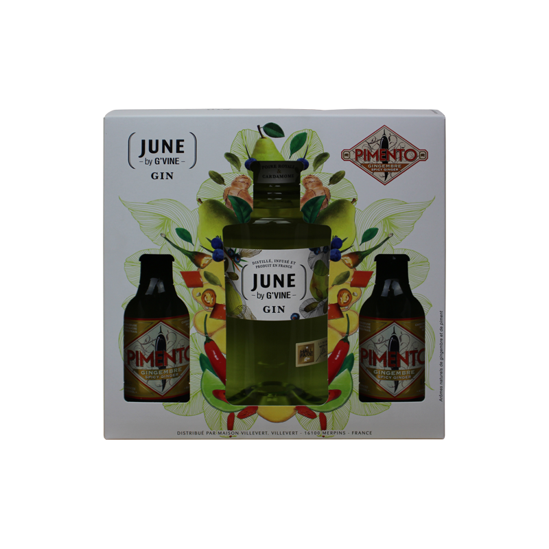 Photographie d'une bouteille de coffret gin june by g vine poire et pime