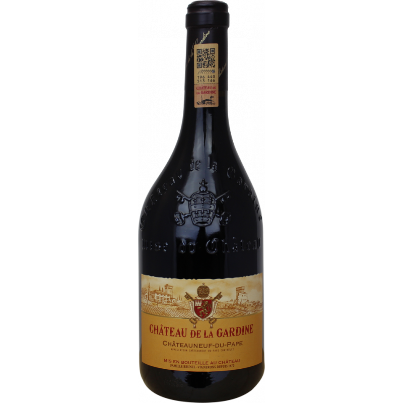 Photographie d'une bouteille de vin rouge chateauneuf du pape chateau la gardine aoc rouge 2018 75 cl