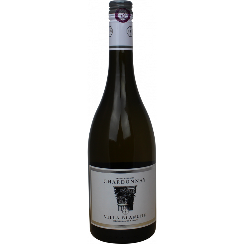 Photographie d'une bouteille de vin blanc Chardonnay Villa Blanche IGP