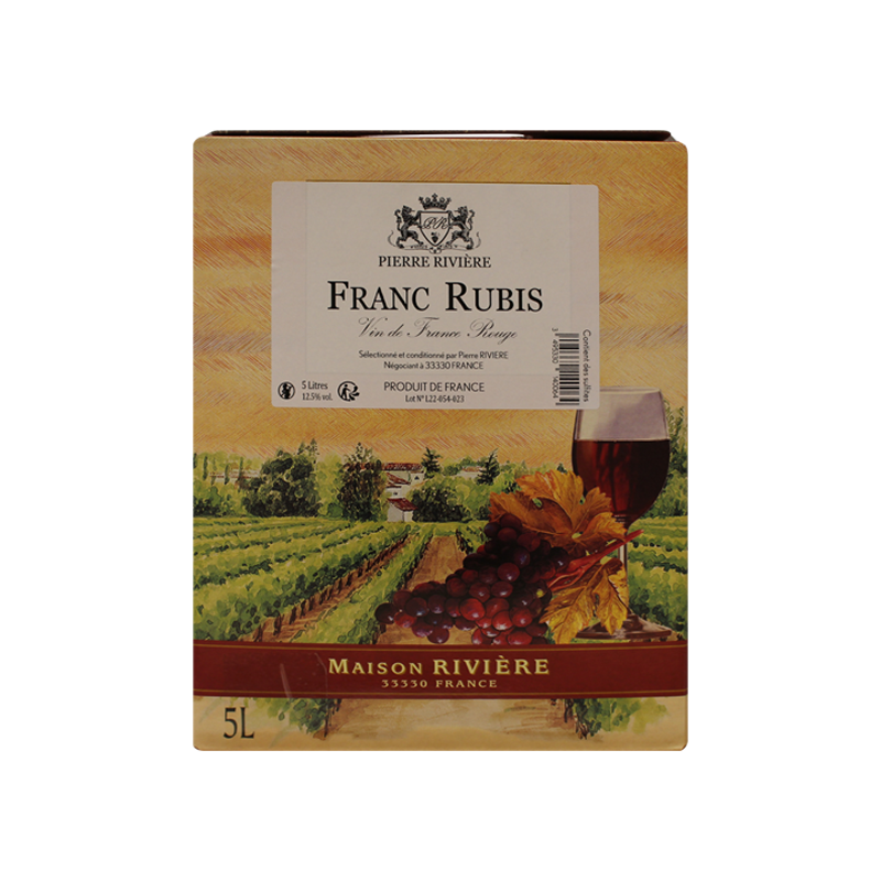 Photographie d'une bouteille de vin rouge VIN DE FRANCE FRANC RUBIS CUBIS 5L