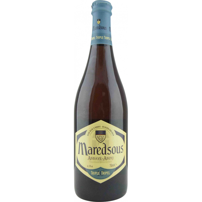 Photographie d'une bouteille de bière Maredsous Triple Ambrée 75cl