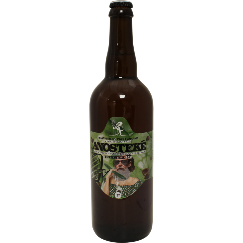 Photographie d'une bouteille de bière anosteke freestyle 12 concombre timut 75