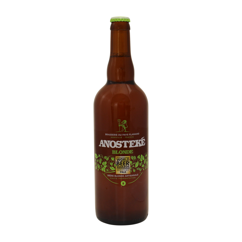 Photographie d'une bouteille de bière anosteke blonde