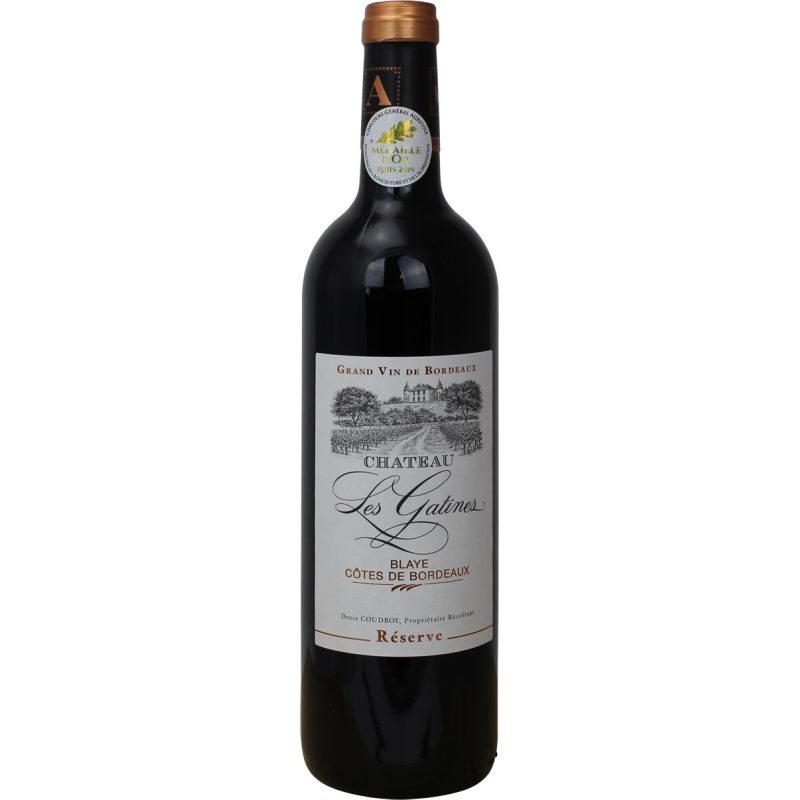 Photographie d'une bouteille de vin rouge Château Les Gatines AOP Rouge 75 cl