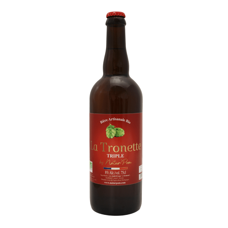 Photographie d'une bouteille de bière La Tronette Triple Bio Natur Pom 75cl