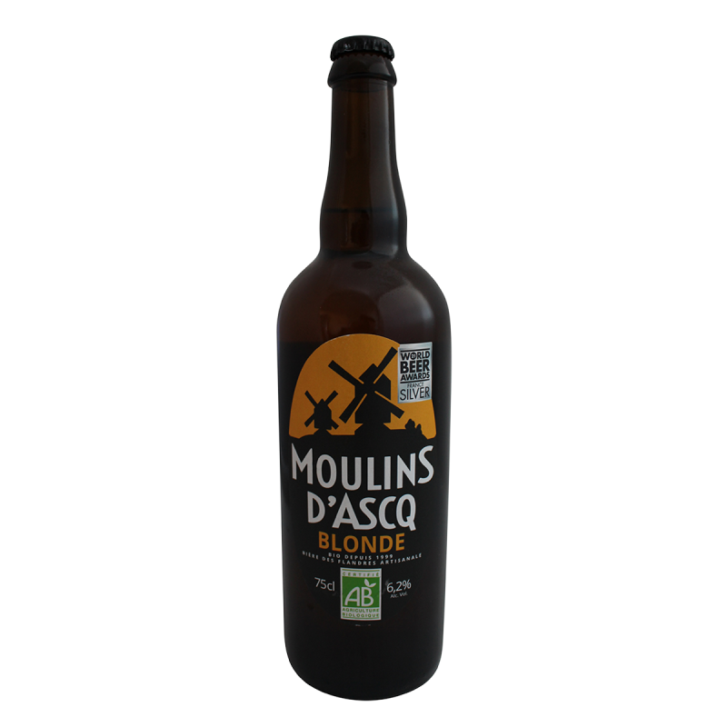 Photographie d'une bouteille de bière Moulins d'Ascq Blonde Bio 75cl