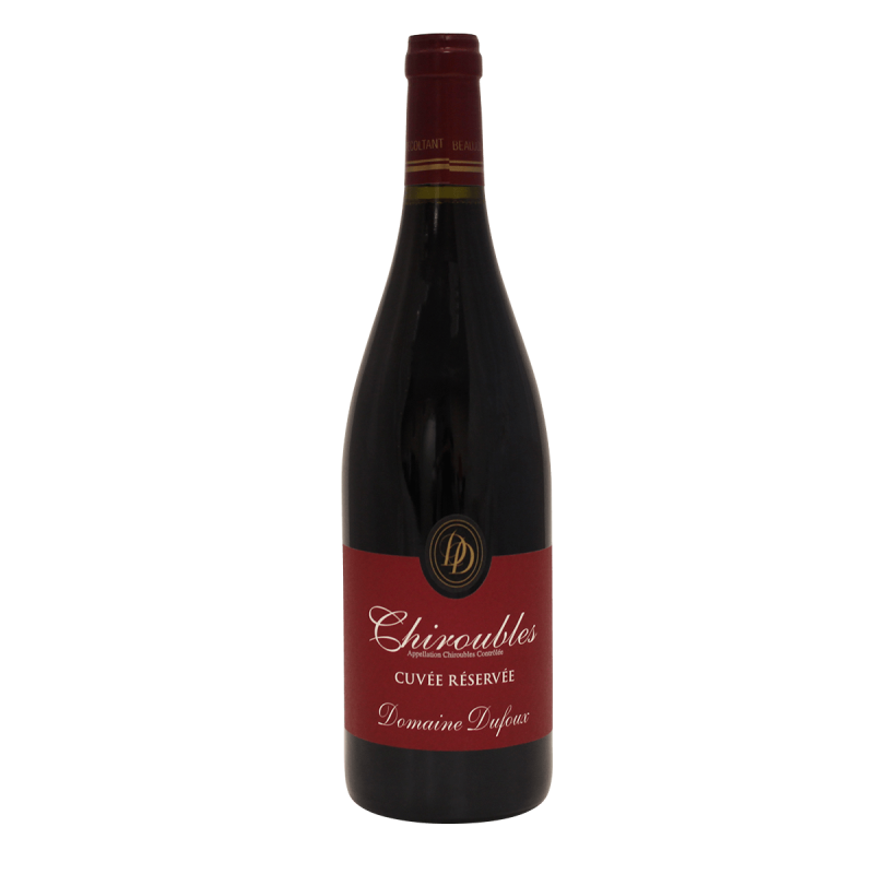 Photographie d'une bouteille de vin rouge Chiroubles Domaine Dufoux Cuvée Réserve AOC Rouge 2022