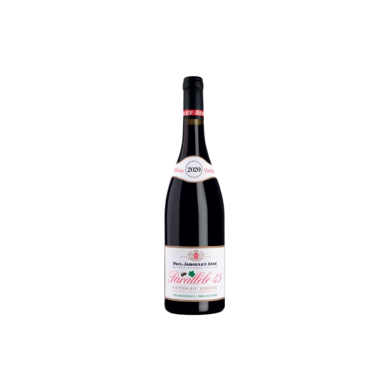 Photographie d'une bouteille de vin rouge cotes du rhone parallele 45 bio