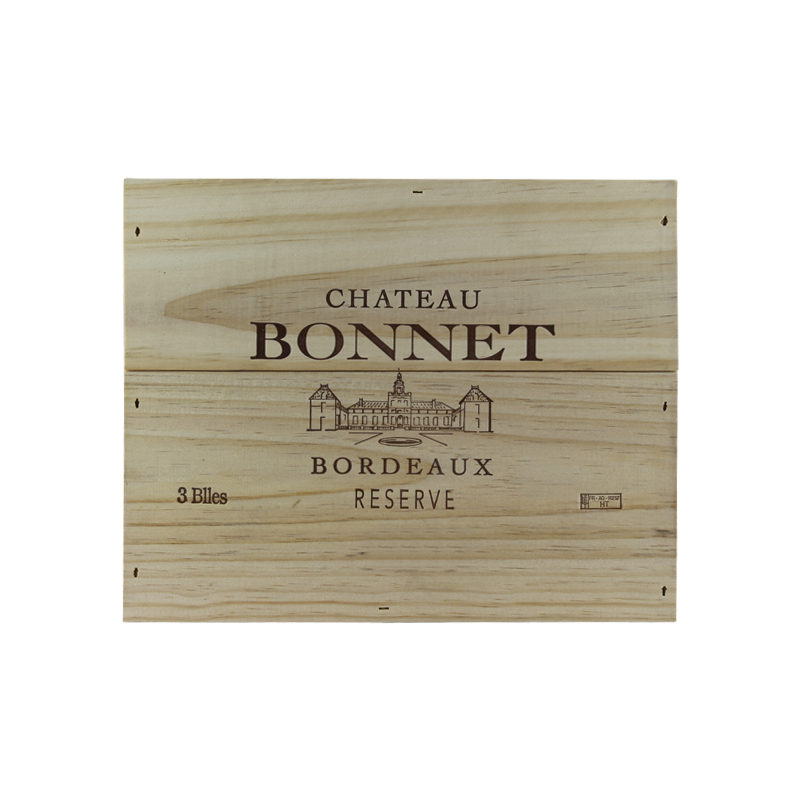 Photographie d'une bouteille de vin rouge coffret 3 bouteilles chateau bonnet reserve 2018 cb