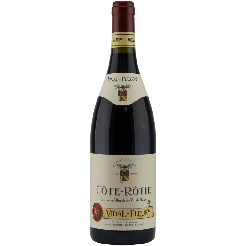 Photographie d'une bouteille de vin rouge cote rotie brune et blonde vidal fleury