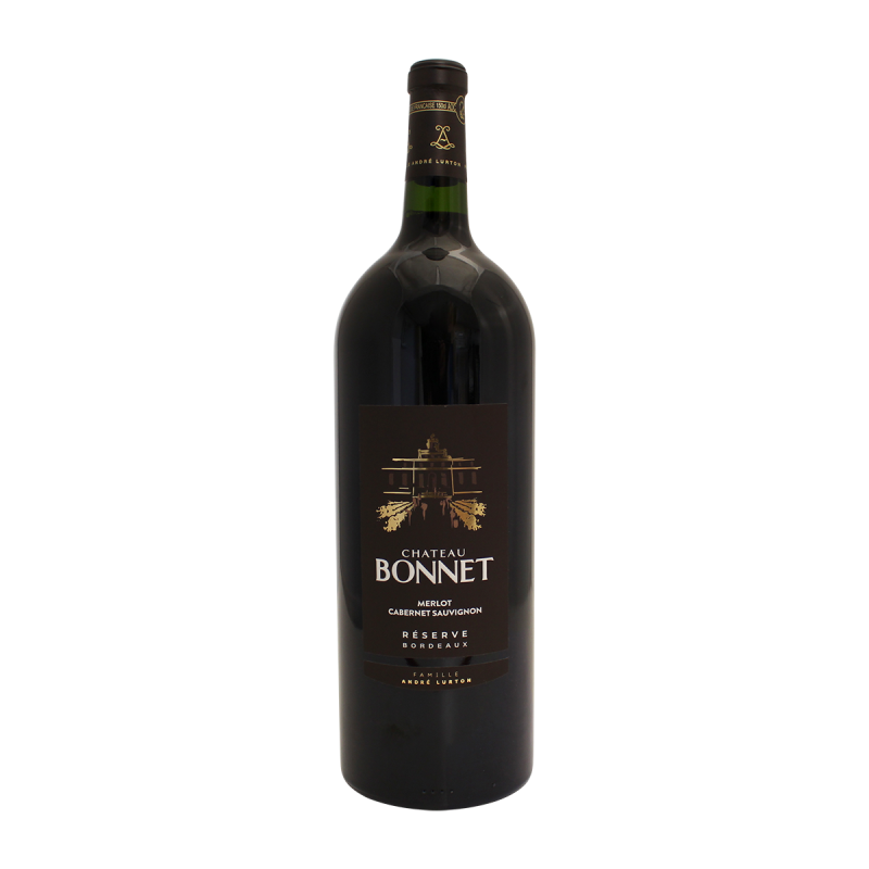 Photographie d'une bouteille de vin rouge magnum chateau bonnet reserve aoc rouge 2018 1.5 l
