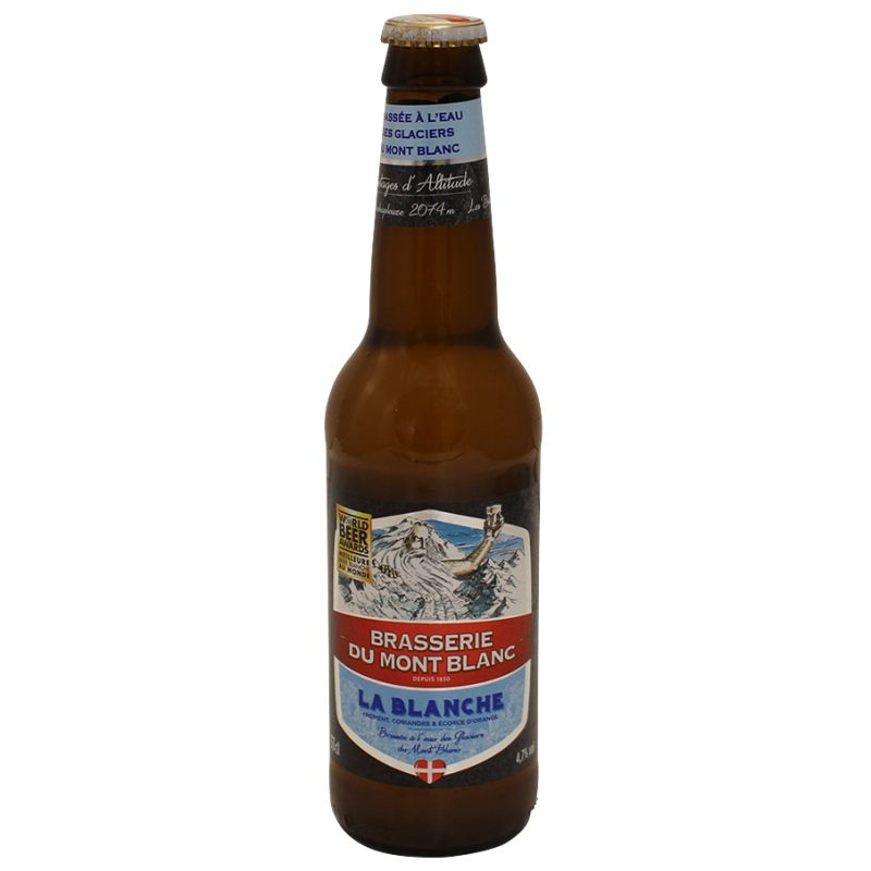 Photographie d'une bouteille de bière La Blanche du Mont Blanc 33 cl