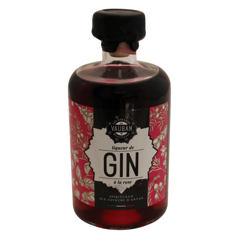 Photographie d'une bouteille de Liqueur de Gin à la Rose des Enfants de Vauban 50 cl