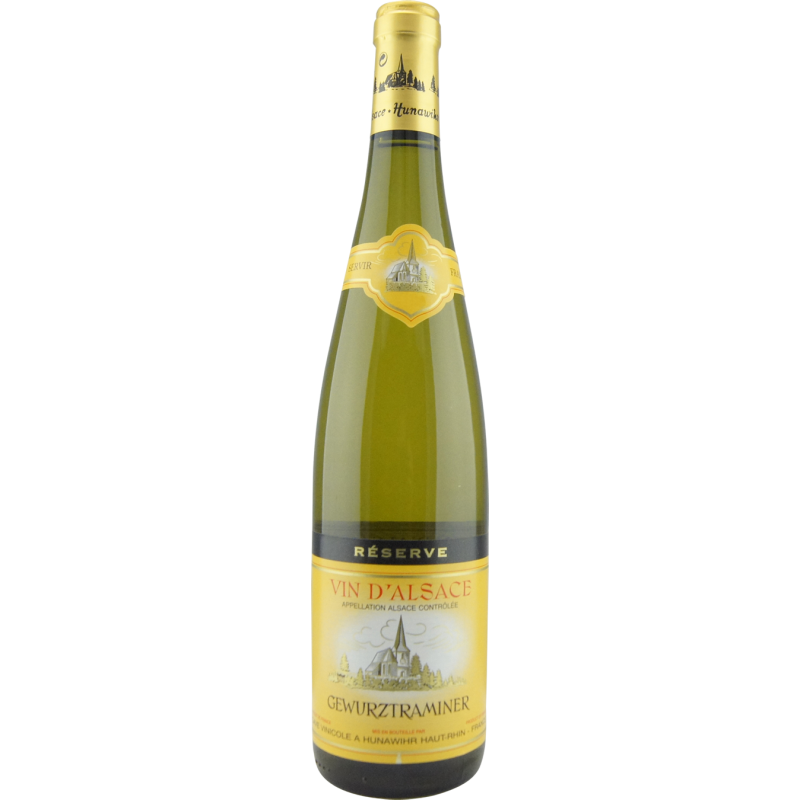 Photographie d'une bouteille de vin blanc Gewurztraminer Hunawihr Réserve AOC Blanc 75 cl