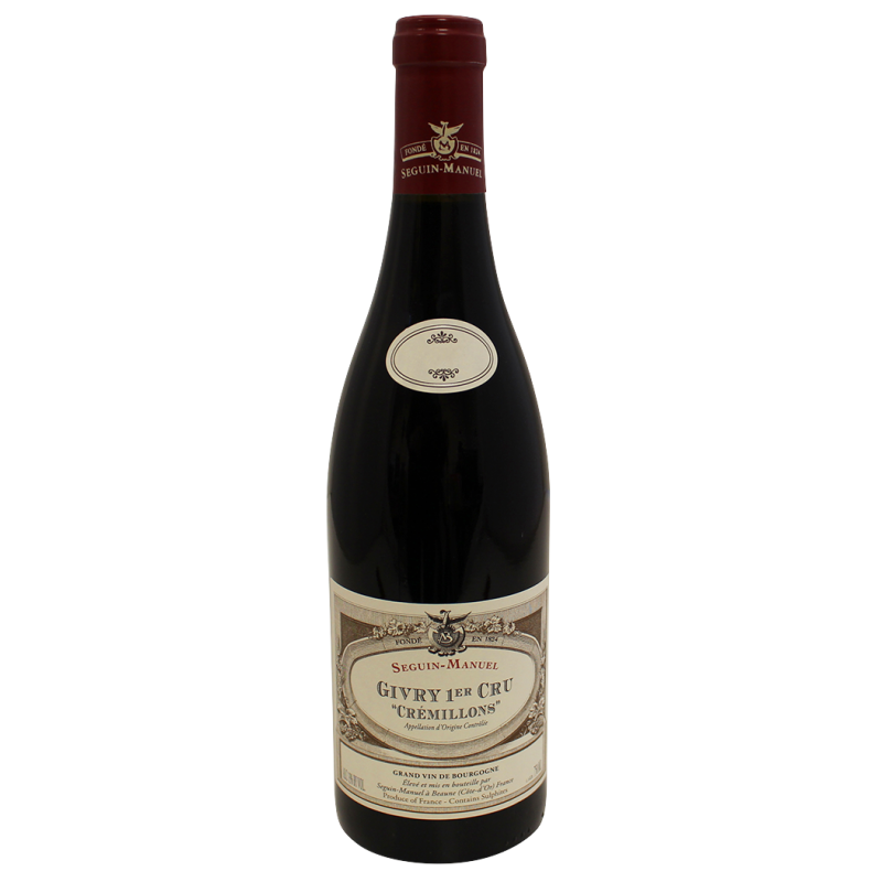 Photographie d'une bouteille de vin rouge Seguin Manuel Cremillons Givry 1er Cru AOC Rouge 75 cl