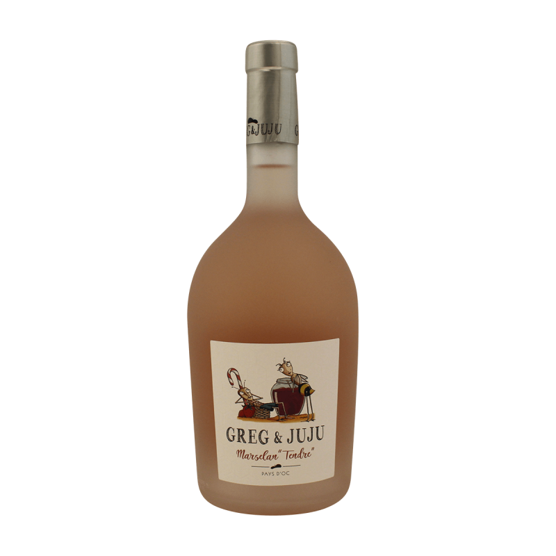 Photographie d'une bouteille de vin rosé greg et juju tendre pays d'oc igp rose 2025 75 cl