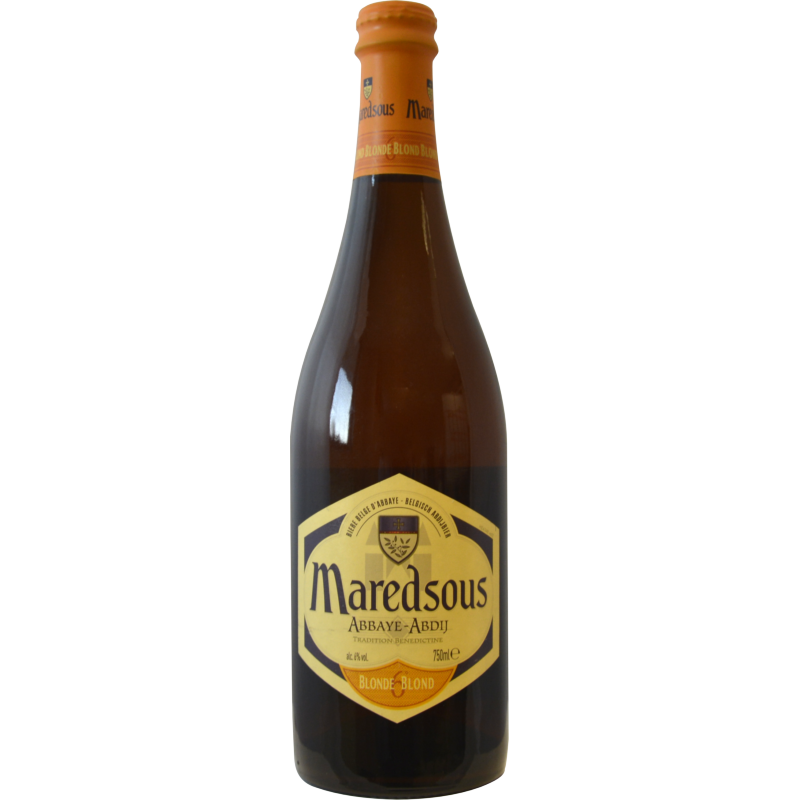 Photographie d'une bouteille de bière Maredsous Blonde 75cl