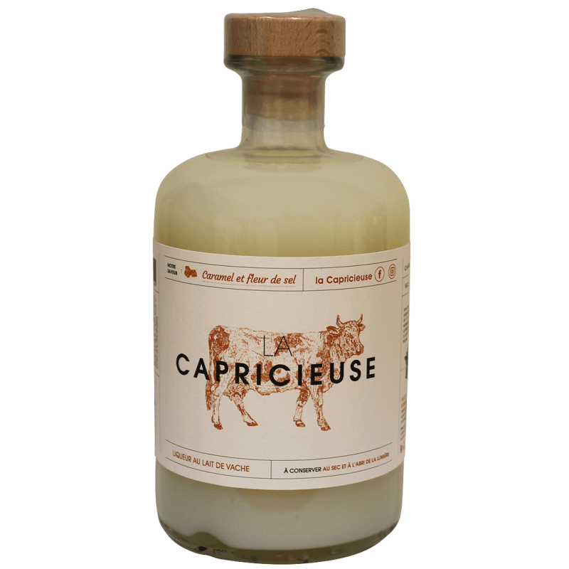 Photographie d'une bouteille de liqueur de caramel fleur de sel la capricieuse 50 cl 17°