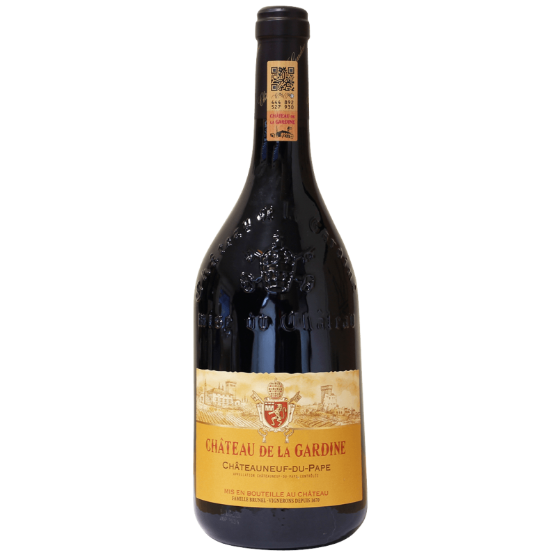 Photographie d'une bouteille de vin rouge chateauneuf du pape chateau la gardine aoc rouge 2021 75 cl