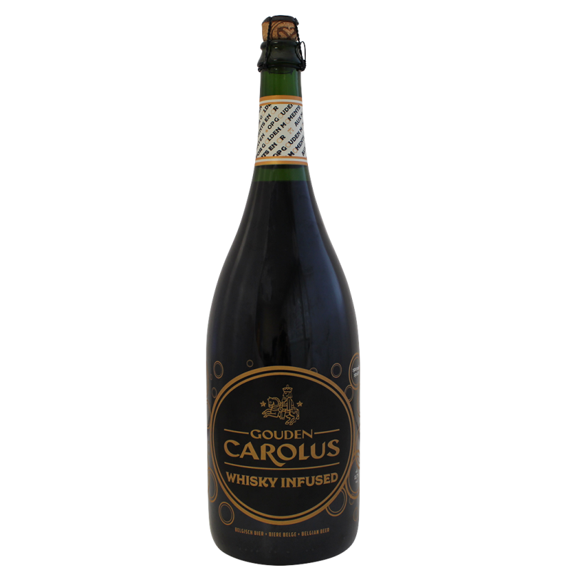 Photographie d'une bouteille de bière gouden carolus whisky infused 1.5l