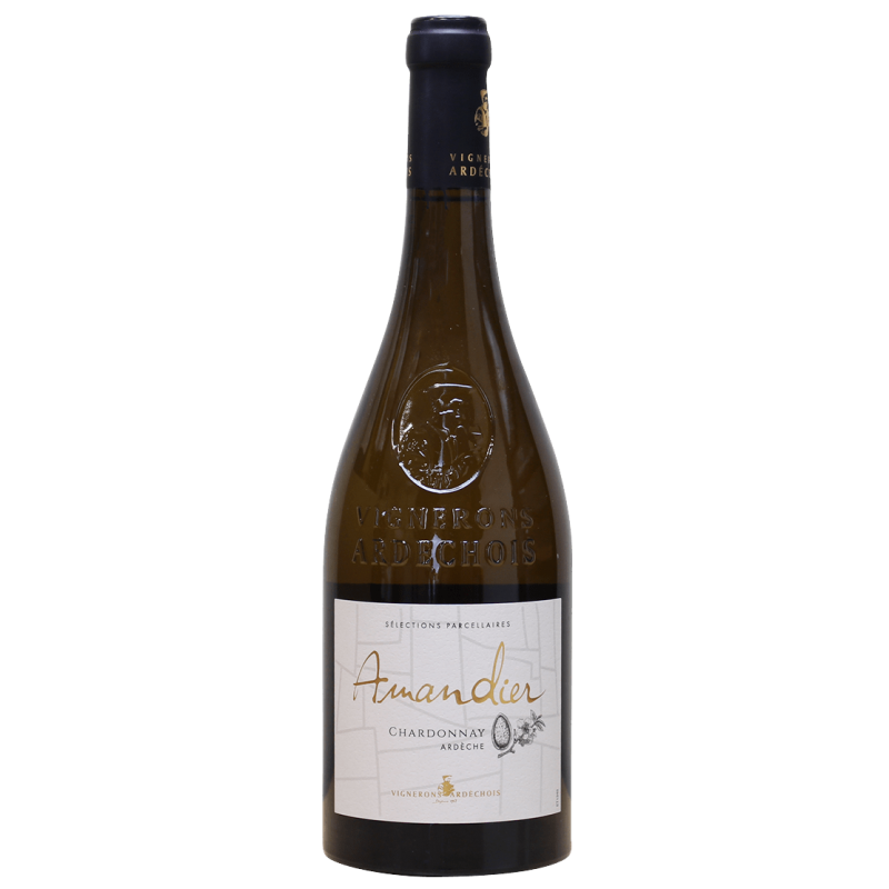 Photographie d'une bouteille de vin blanc Amandier Chardonnay Vignerons Ardèchois IGP Blanc 75 cl