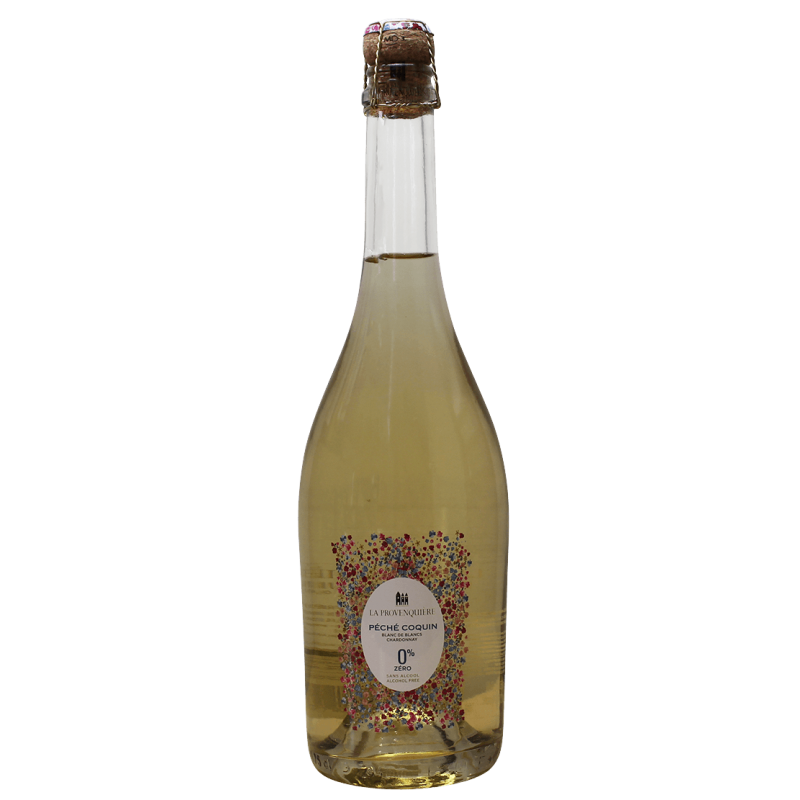 Photographie d'une bouteille de peche coquin blanc de blancs chardonnay sans alcool 6x75 cl