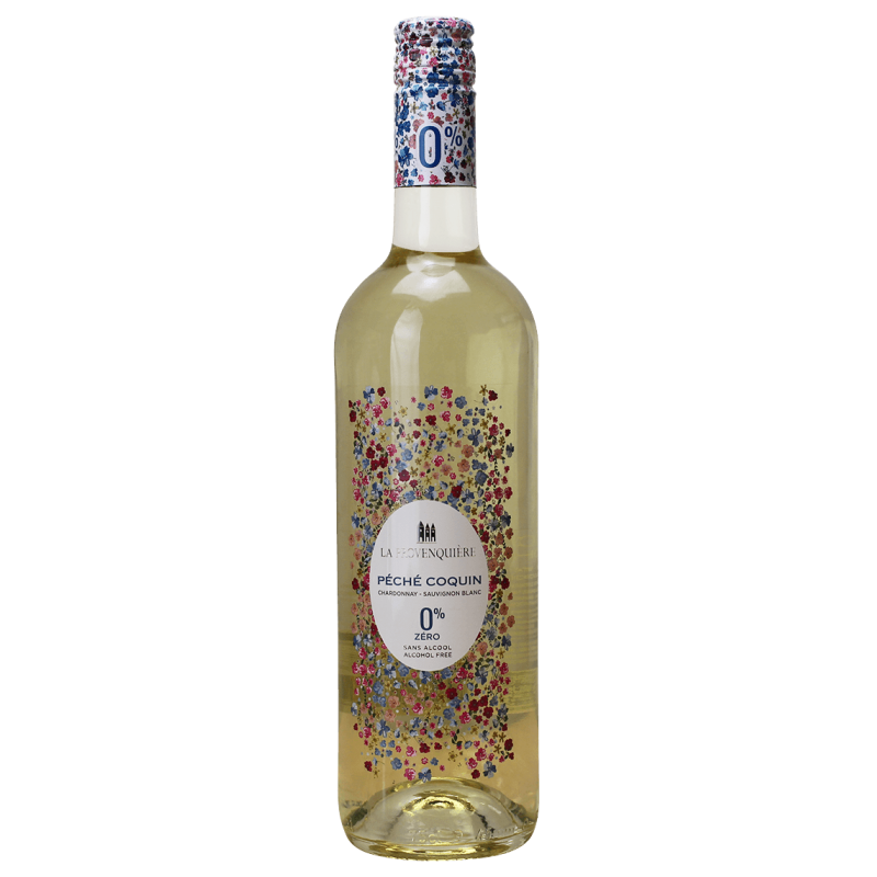 Photographie d'une bouteille de vin blanc peche coquin blanc sans alcool 75 cl