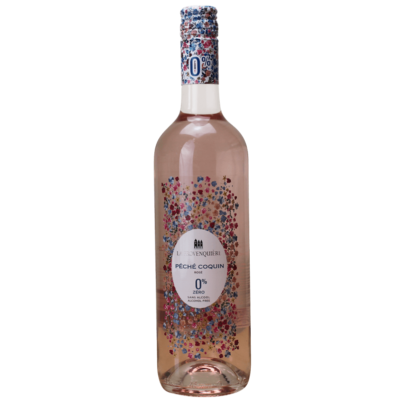 Photographie d'une bouteille de vin rosé peche coquin rose sans alcool 75 cl