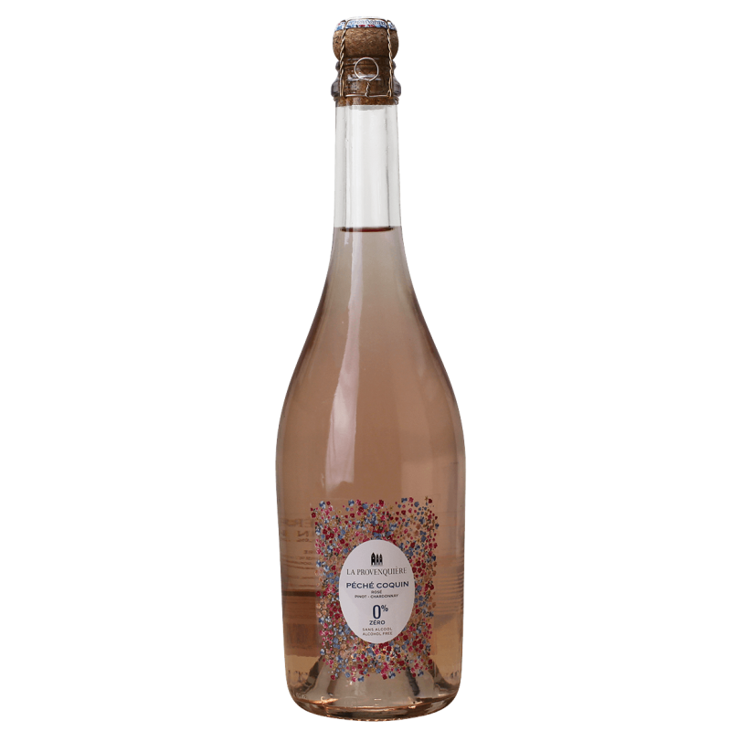 Photographie d'une bouteille de peche coquin petillant rose sans alcool 6x75 cl