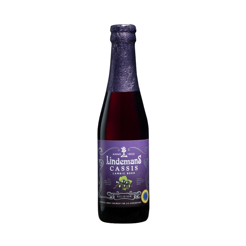 Photographie d'une bouteille de bière Lindemans Cassis 25 cl