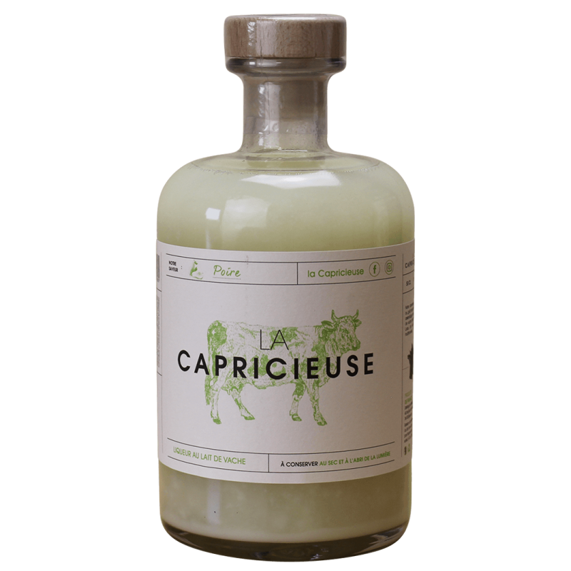 Photographie d'une bouteille de Liqueur de Poire au Lait de Vache la Capricieuse 50 cl