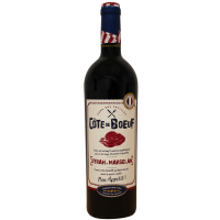 Photographie d'une bouteille de vin rouge Côte de Boeuf Pays d'Oc IGP Syrah Marselan Rouge 75 cl