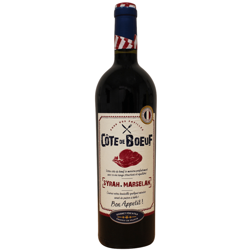 Photographie d'une bouteille de vin rouge Côte de Boeuf Pays d'Oc IGP Syrah Marselan Rouge 75 cl
