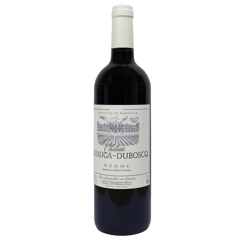 Photographie d'une bouteille de vin rouge chateau layauga duboscq medoc aoc rouge 2018 75 cl