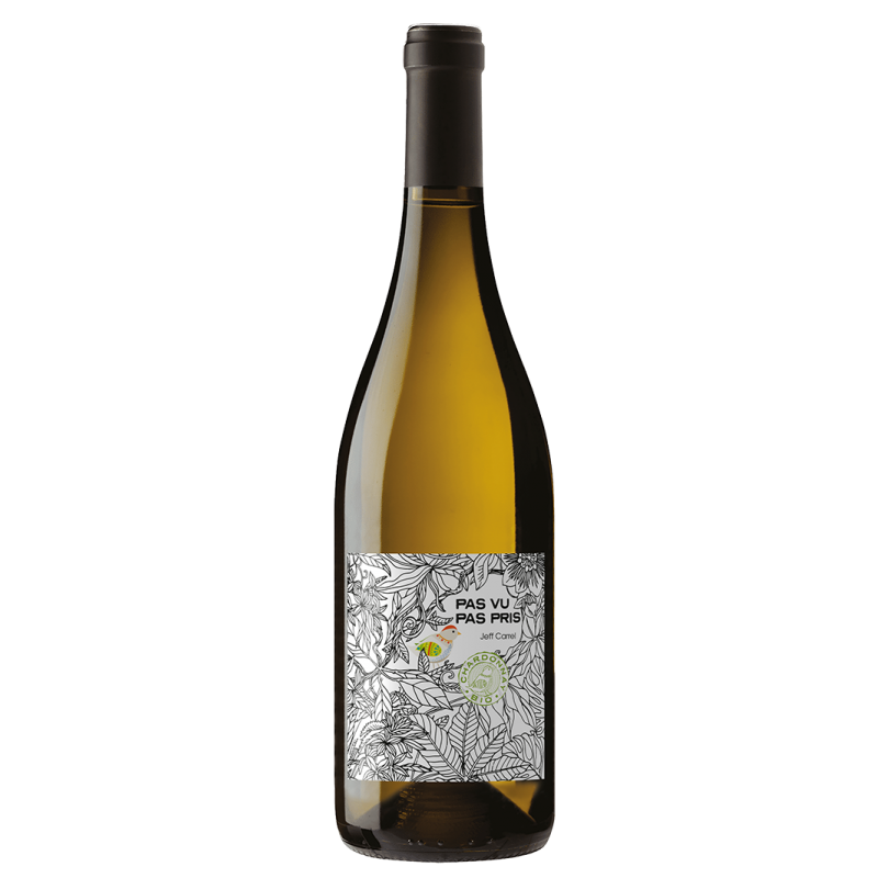Photographie d'une bouteille de vin blanc Pas vu pas pris Jeff Carrel bio 75 cl